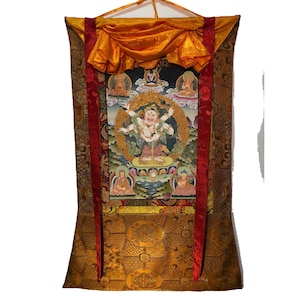 100x69 cm Six armed white mahakala Thangka. Mahakala wealth deity. Hand painted thangka. samantabhadra, gampopa, rechungpa. buddhist art.