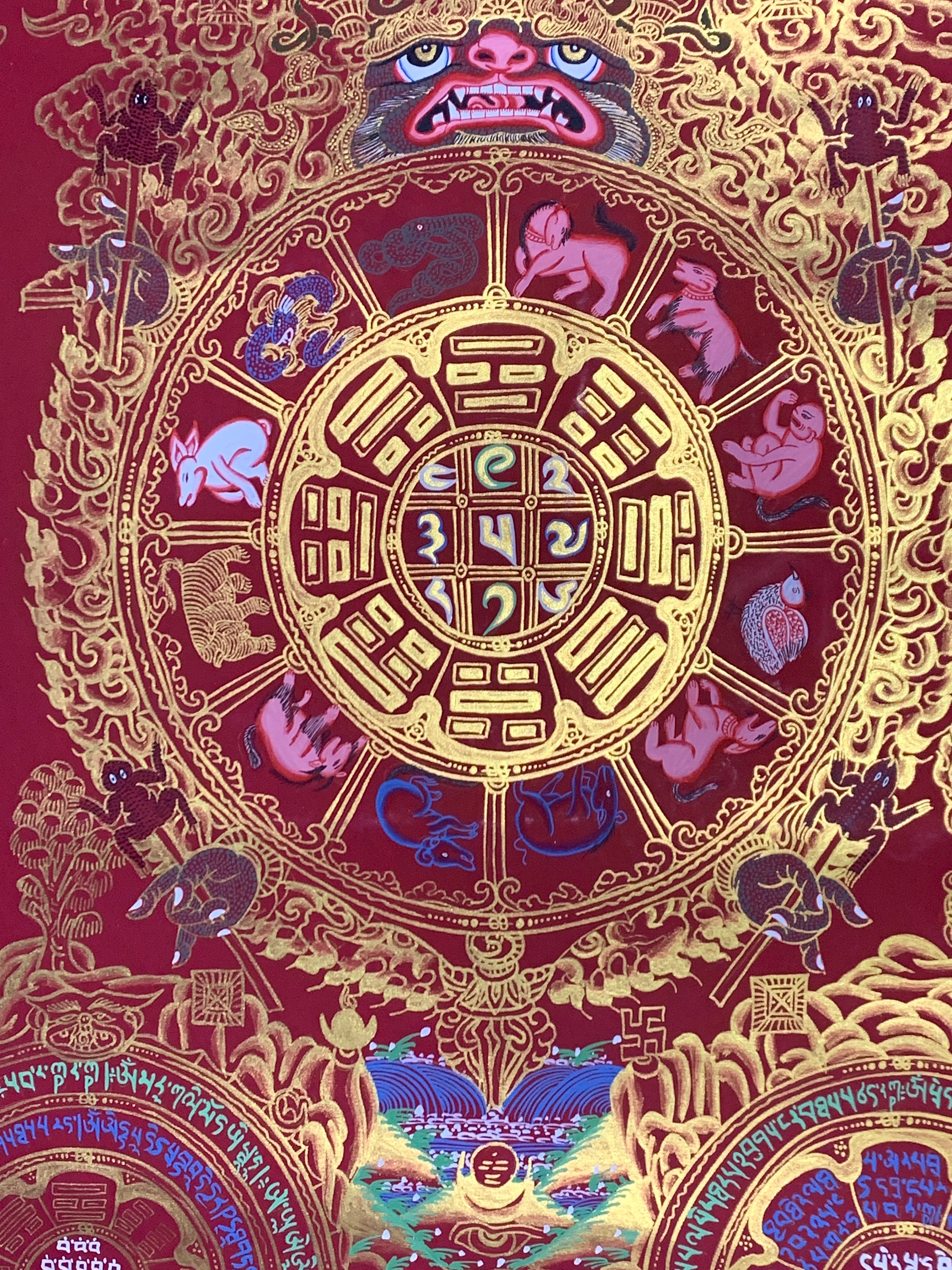 Rot und goldener tibetischer Kalender Thangka. 69x50cm Astrologischer 