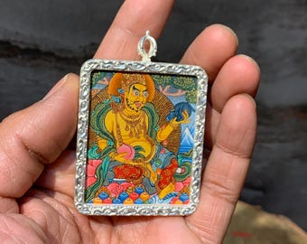 master quality Dzambhala pendant. Jambhala ghau box. Hand painted mini god of wealth thangka. kuber. for magnetizing wealth. lucky charm.