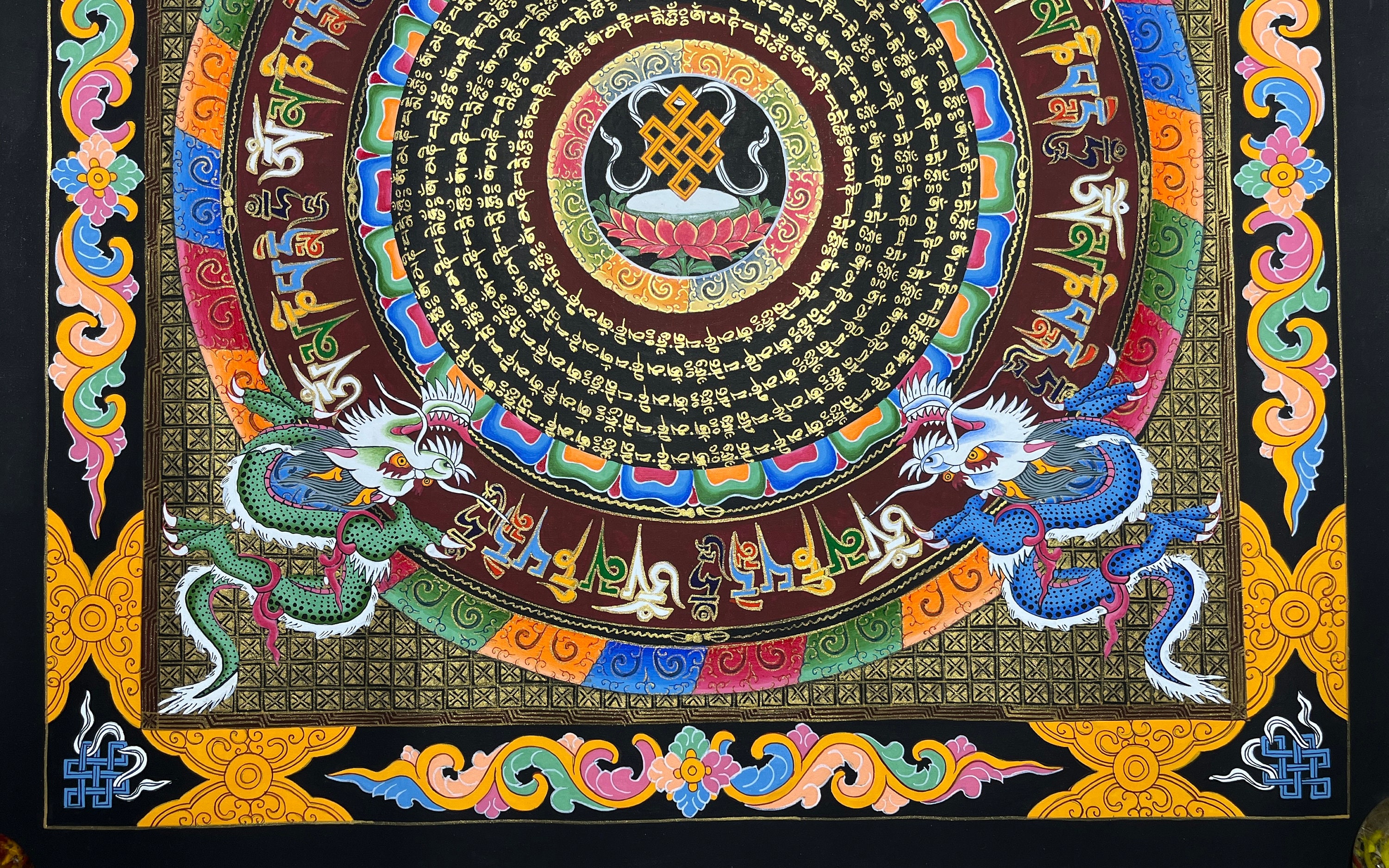 54 x 54 cm マントラマンダラタンカを描いた龍。幸運を祈願。チベット