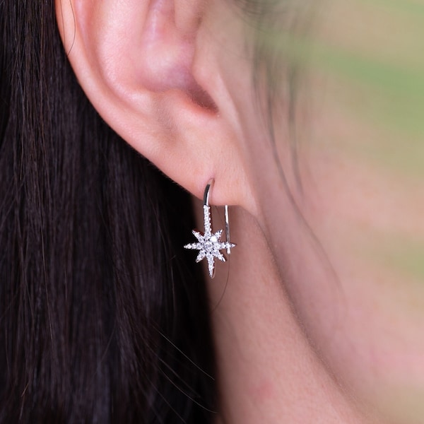 North star earrings, celestial earrings, silver crystal snowflake earrings, starburst earrings dangle, sterling silver snowflake earrings