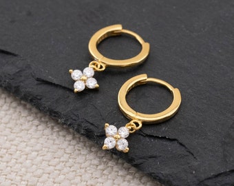Flower tiny cz earrings dangle huggies, gold tiny charm earrings, floral minimalistic huggie small earring hoop, gift for her in jewelry box