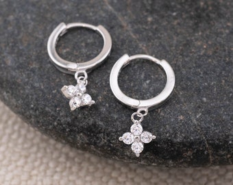 Tiny flower earrings, floral dangle huggie earrings sterling silver, daisy leaf earrings, four leaf clover floral earrings, white daisy hoop