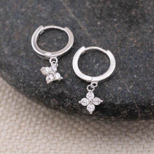 Tiny flower earrings, floral dangle huggie earrings sterling silver, daisy leaf earrings, four leaf clover floral earrings, white daisy hoop