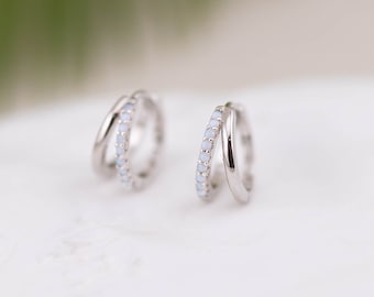 Opal huggie earrings sterling silver, pave cz opal double hoop, genuine opal white stone mini hoop earrings, gold double pave hoop Huggies