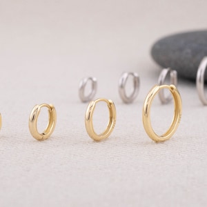 Small huggie hoops set of 2 or 3 pairs, simple everyday stacking tiny huggy hinged hoop earrings sterling silver or 14K gold, gift for her