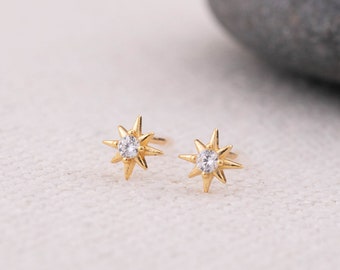 Celestial earrings, gold small tiny earrings stud, silver star minimalistic stud second hole earrings 20G , boxed gift for daughter giftful