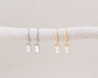Diamond baguette cz charm minimalistic gold earrings, tiny huggie earring dangle, everyday small dainty huggie hoop earrings, gifted earring