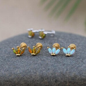 Tiny black blue opal flatback studs leaf earring, cartilage tragus conch earring for 18G piercing, opal flat back labret, christmas giftful