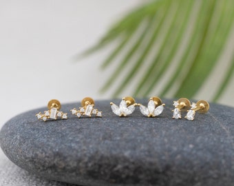 Tiny diamond cz flat back studs earrings  18K gold piercing set, 18g flatback labret, cartilage helix tragus conch earring, gift valentines