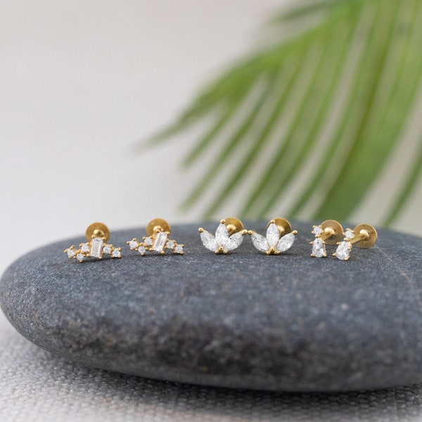 Tiny diamond cz flat back studs earrings  18K gold piercing set, 18g flatback labret, cartilage helix tragus conch earring, gift valentines