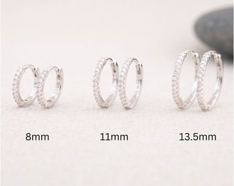 Pave hoop earrings silver, huggie hoops, diamond hoop, pave hoop thin, dainty jewelry, small mini hoop, brides maid sister anniversary gift