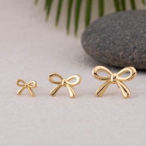 Bow earrings 14K gold filled, minimalist ribbon bowtie stacking studs, ready gift under 30, coquette bows, waterproof surgical steel earring