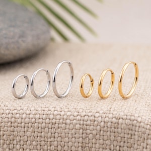 Tiny cartilage huggy set 2 or 3 pairs hoop, titanium seamless clicker hoops 6mm 8mm 10mm 12mm, 18K gold or silver, second hole, helix, conch