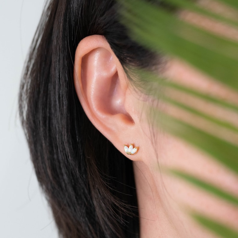Tiny opal flatback earrings piercing set gold, cartilage tragus conch earring, 18g stud white opal flat back labret, christmas giftful women image 5