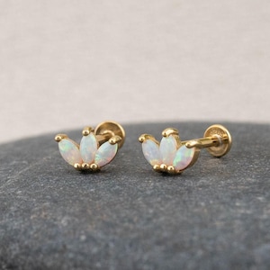 Tiny opal flatback earrings piercing set gold / silver, cartilage tragus conch stud, 18g white opal flat back labret, christmas giftful
