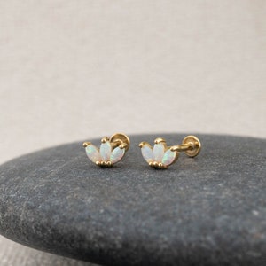 Tiny opal flatback earrings piercing set gold, cartilage tragus conch earring, 18g stud white opal flat back labret, christmas giftful women image 2
