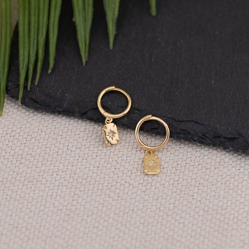 Sun earrings dangle, Starburst huggie earrings, celestial coin hoop earrings, gold hoop earrings charm, north star bar sun disk earrings image 1