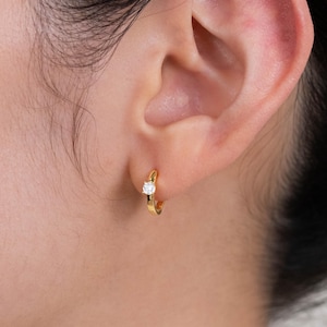 Diamond huggie hoops, CZ hinged clicker small 14K gold huggies, 9mm tiny hoop for stacking, everyday earrings gift for sister, hoops for her