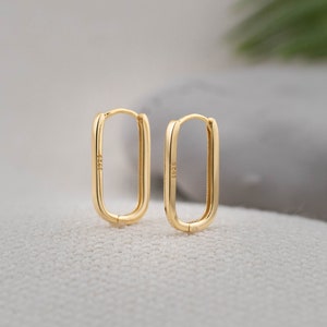 Rectangle earrings 14 K Gold, U shape hoop, small gold hoops, modern hinged earrings minimalistic gift for her, unique gifts for sister