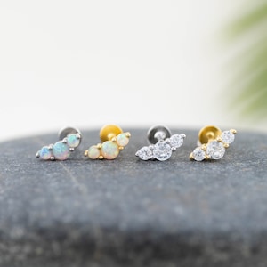 Opal flatback stud piercing earring, diamond cz , 18G labret stud, flat back cartilage tragus conch earring, gemstone valentines day gift