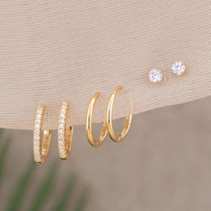 2 or 3 Pairs earring set boxed gift-ready, pave huggy hoops, CZ stud, stacking cartilage tiny hoop sterling silver 14K gold fill women gifts