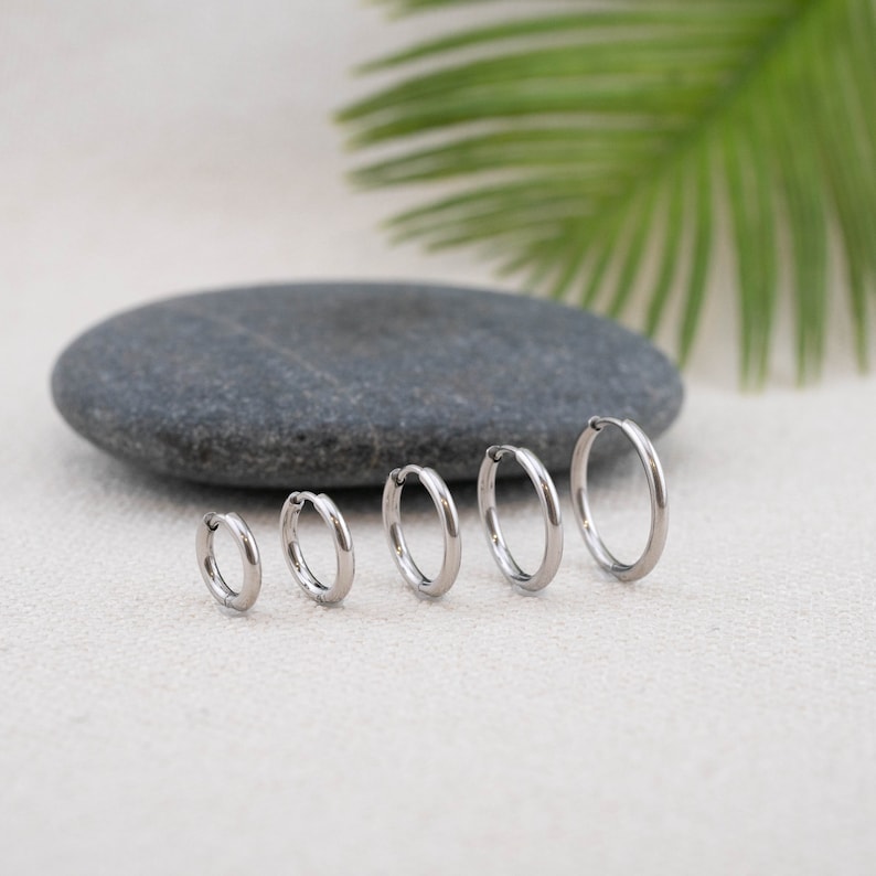 3 pairs silver hoop earrings set of 3 for multiple piercings, stacking layering set, non tarnish silver huggie mini hinged hoop gift for her image 1