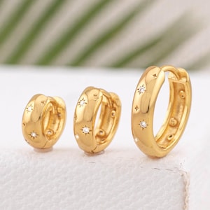 Celestial thick huggie hoop earrings, small 14K gold filled  or silver 6mm 8mm 12mm hoop cartilage stack, star diamond hoop, hypoallergenic