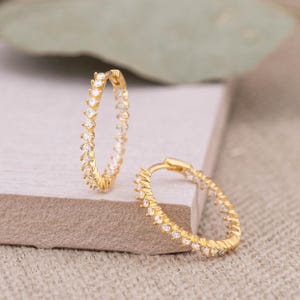 Pave hoop gold, diamonds hoops cz, 14K Gold hoop, 15mm simple statement bridesmaid earrings, hinged hoop for stacking, hypoallergenic silver