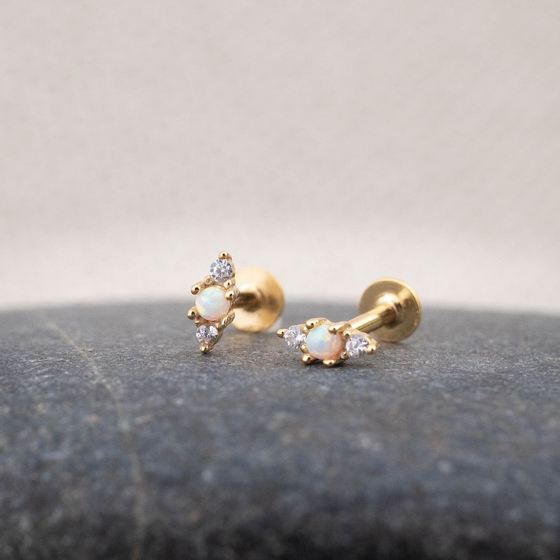 Tiny opal flatback earrings piercing set gold, cartilage tragus conch earring, 18g stud white opal flat back labret, christmas giftful women image 3