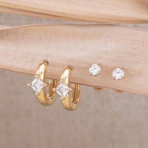 2 Pairs huggy & flatback studs set gift-ready, tiny diamond hoop giftful earrings set, stacking cartilage stud, 14K gold fill gift for her