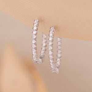 Pave hoop earrings, diamonds hoops cz, sterling silver 15mm small medium hoop, delicate bridesmaid earrings for holiday, anniversary gift