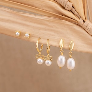 Liefhebbers van parel laten parelcadeauset, 14K gouden parelstekers, tweede gaatje kleine hoepelboog, kraakbeennagels, bruidsmeisjecadeau, geboortesteen juni