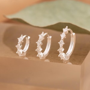 Diamond huggie hoop earrings, sterling silver CZ cartilage hoop, 6mm, 8mm, 10mm hoop, girlfriend gift 14K gold hinge clicker, hypoallergenic