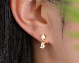 Minimal dainty gold vermeil CZ studs drop earrings, simple jewelry gift for her, small silver stacking dangle stud, best friend giftful set