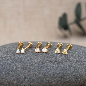 Teeny tiny opal cartilage flatback studs 18G, conch helix tragus piercing, sterling silver flat back labret earrings stack, gift ready set