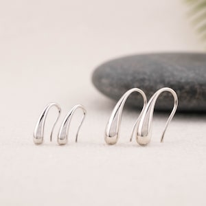 Sterling Silver minimalist water droplet french hook earrings, dainty simple everyday wear horseshoe earring, trendy abstract raindrop hook image 7