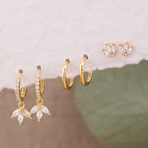 2 or 3 pairs huggie earring stack set, marquise small diamond hoop 14K gold, tiny leaf cz stud for cartilage, second hole, matching-gift-set