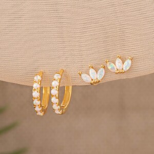 2 or 3 Pairs fire opal huggies and studs set, white opal dainty marquise stud, stacking cartilage hoop silver or 14K gold fill, gift for her