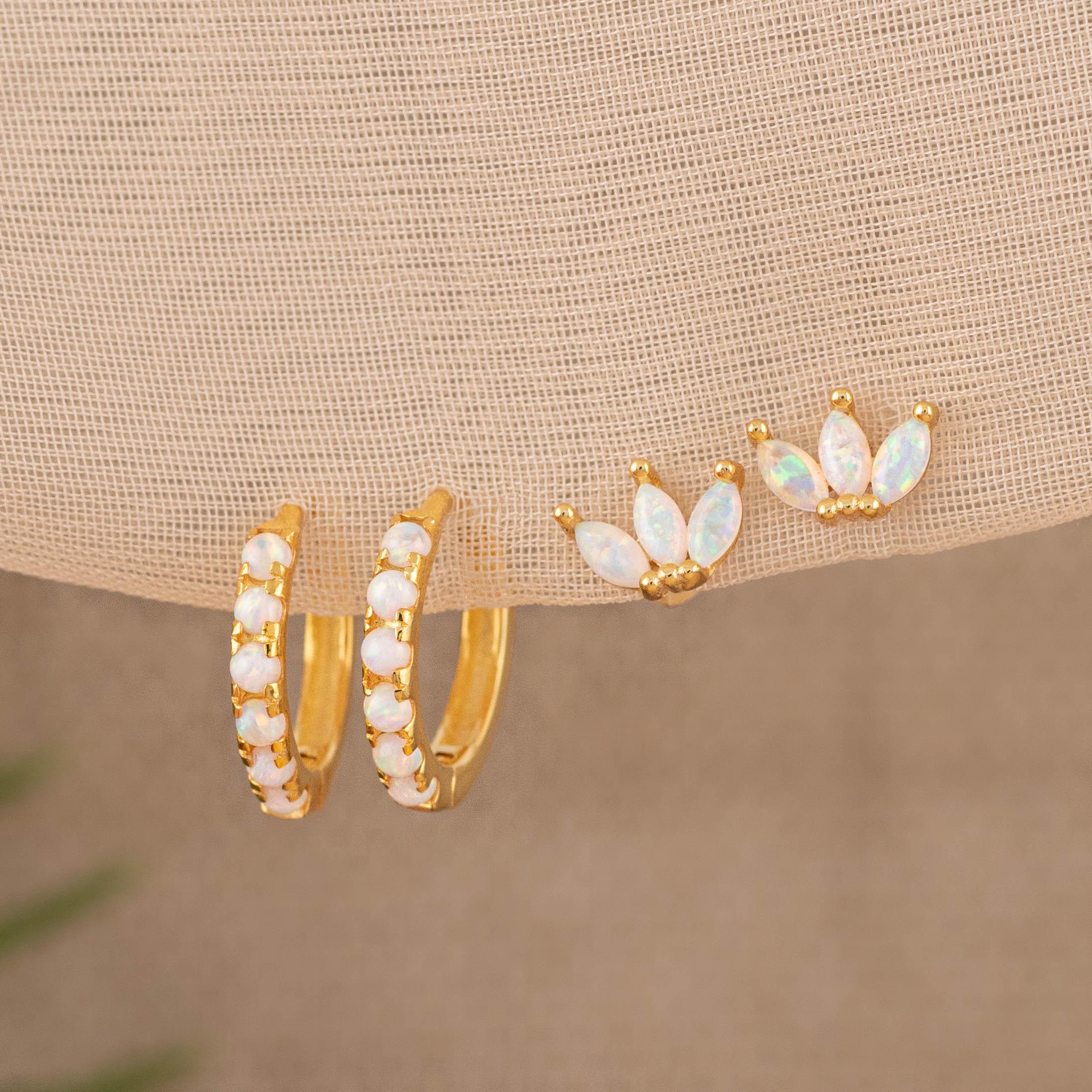 2 or 3 Pairs fire opal huggies and studs set, white opal dainty marquise stud, stacking cartilage hoop silver or 14K gold fill, gift for her