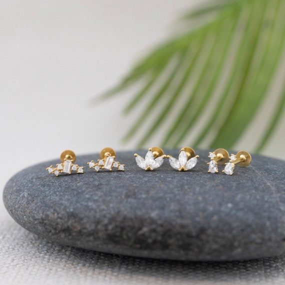 Tiny diamond cz flat back studs earrings  18K gold piercing set, 18g flatback labret, cartilage helix tragus conch earring, gift valentines