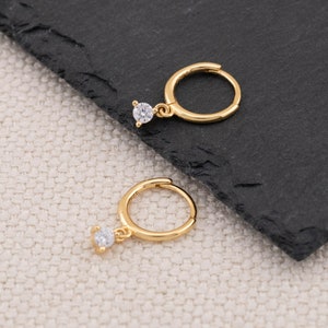 Tiny hoop earrings minimalist charm, gold cartilage hoop earring, small cz dangle huggies in sterling silver, stacking jewelry gift for her