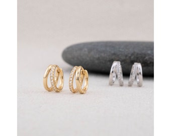 Pave delicados pendientes de aro huggie, plata de ley - pendientes de oro minimalistas, regalo de Navidad, aro clicker, regalos únicos para ella