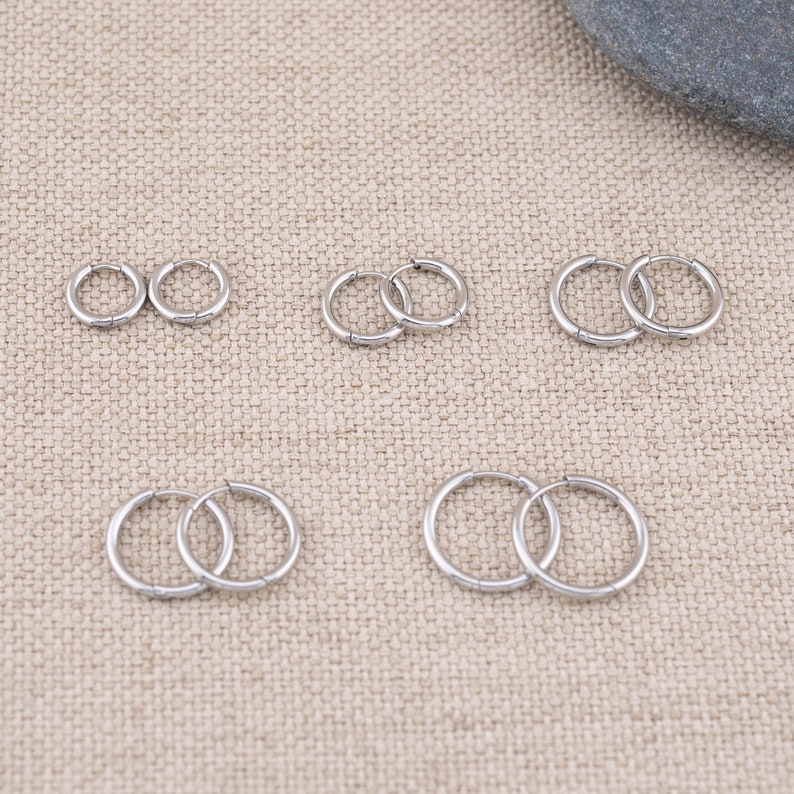 3 pairs silver hoop earrings set of 3 for multiple piercings, stacking layering set, non tarnish silver huggie mini hinged hoop gift for her image 6