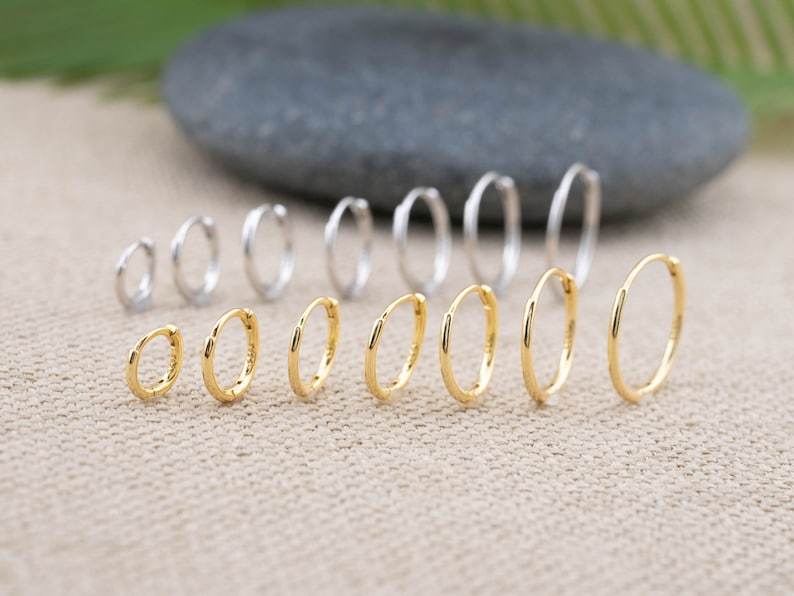 Tiny hoop earrings set of 2 or 3 pairs, Sterling silver huggies, small huggies, sleeper hoop 18 K gold, small gold hoops, stacking hoop set image 5