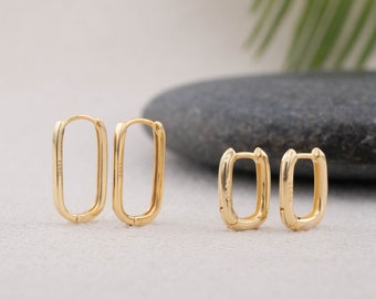 Gold hoop earring rectangle stacking set of 1 or 2 pairs, tiny huggie hoop, dainty everyday hypoallergenic jewelry, gift for her valentines