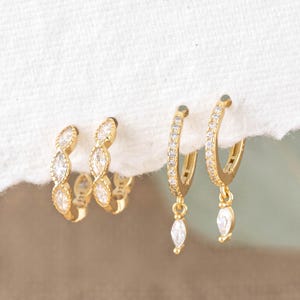 Dangle huggie hoop gift set, 14K gold or silver small pave diamond cz hoop, stacking hinged hoops for cartilage second hole, hypoallergenic