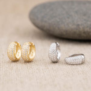 Thick tapered tiny pave hoops, small huggie paved 9mm hoops, diamond cz earrings lightweight, 14K gold sterling silver, gift ready for her