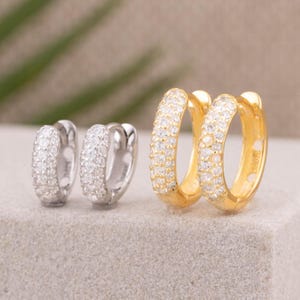 Pave hoop earrings, small huggie hoops, 14K Gold diamond cz hoop, sterling silver thick 6mm, 8mm, 10mm hoop, brides maid dainty gift for her