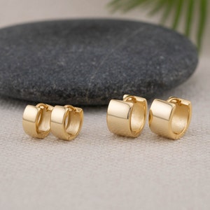 Minimalistic gold thick chunky huggie hoop, mini hoop 14K gold, sterling silver waterproof hoop, stacking round huggie, Jewelry gift for her